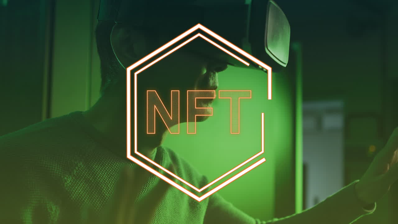 Animation of nft text over asian male worker with vr headset in server room