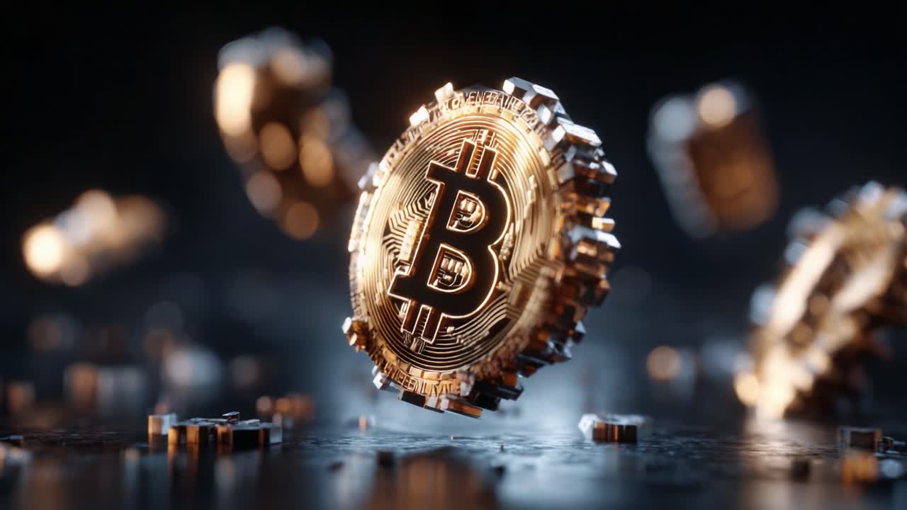 A Stunning Visualization of Bitcoin: A Close-Up Look at the Iconic Cryptocurrency Coin Glimmering Against a Dark Background with Floating Digital Currency Elements