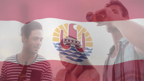 french polynesia flag overlay on people drinking and socializing at gathering