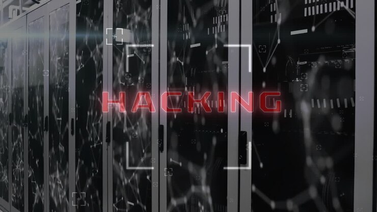 Hacking text animation over server racks and digital network connections