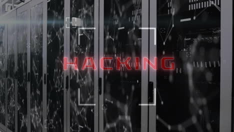 hacking text animation over server racks and digital network connections