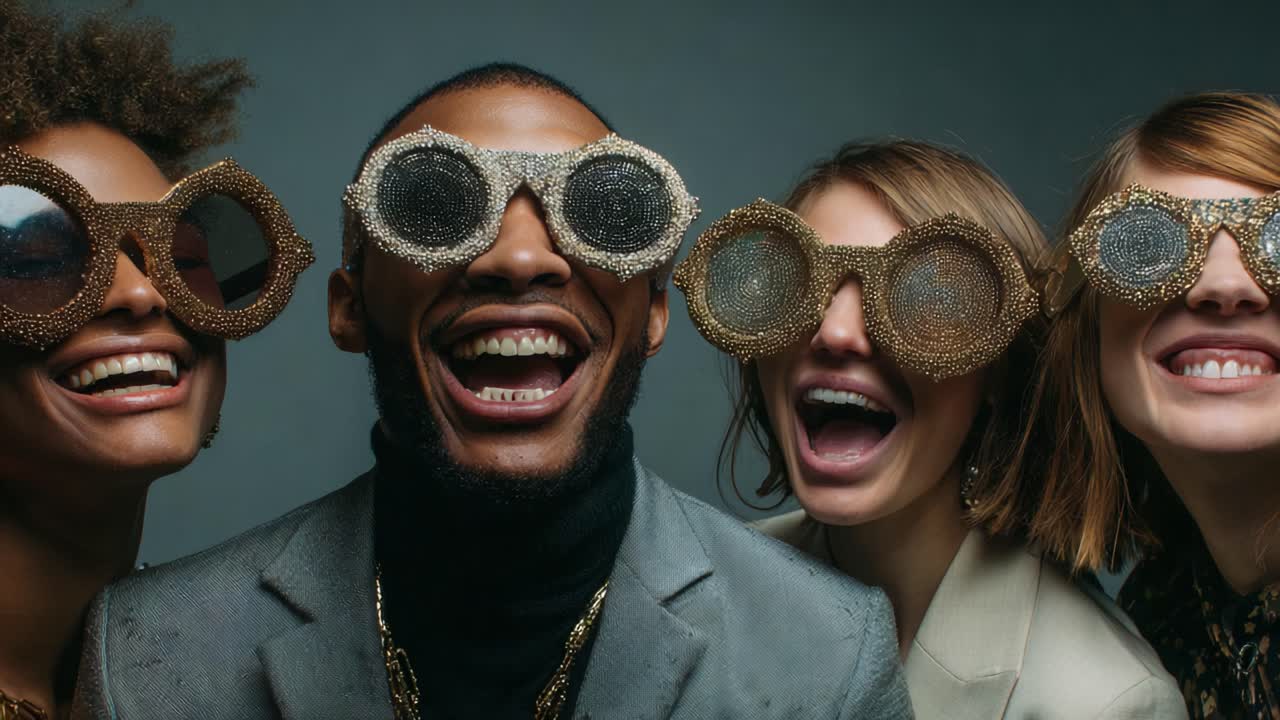 A Vibrant Group of Friends Enjoying a Fun Moment with Stylish Sunglasses, Capturing Laughter and Joy in a Playful Setting of Smiles and Fashionable Accessories