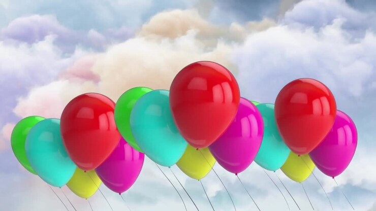 Animation of colorful balloons floating over clouds