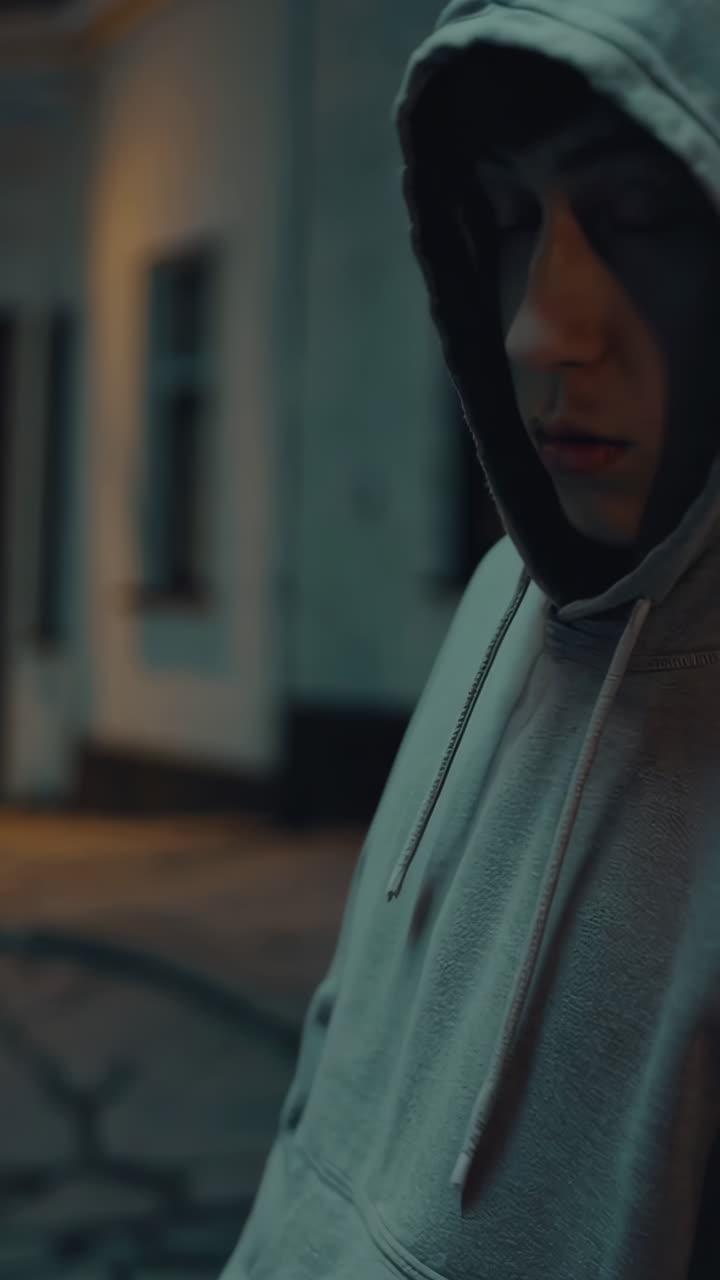 Teenager in a Hoodie at Night