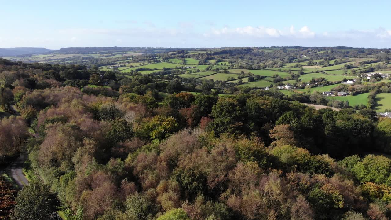toma aérea volando sobre los árboles con vistas al valle de la nutria y al campo de east devon en inglaterra