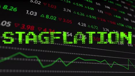 animation of stagflation text in green over graph and financial data processing