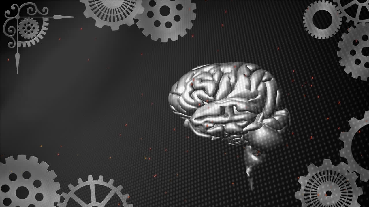 Animation of spinning human brain over turning metallic cogs on grey background