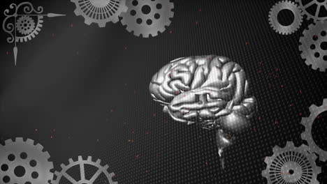 animación de un cerebro humano girando sobre engranajes metálicos girando en un fondo gris