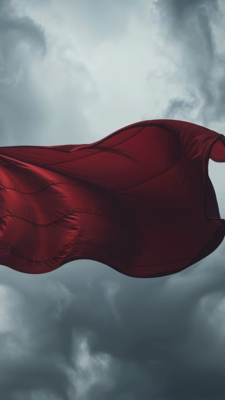 Vídeo vertical: banner vermelho ondulante sendo agitado por um vento forte sob um céu tempestuoso