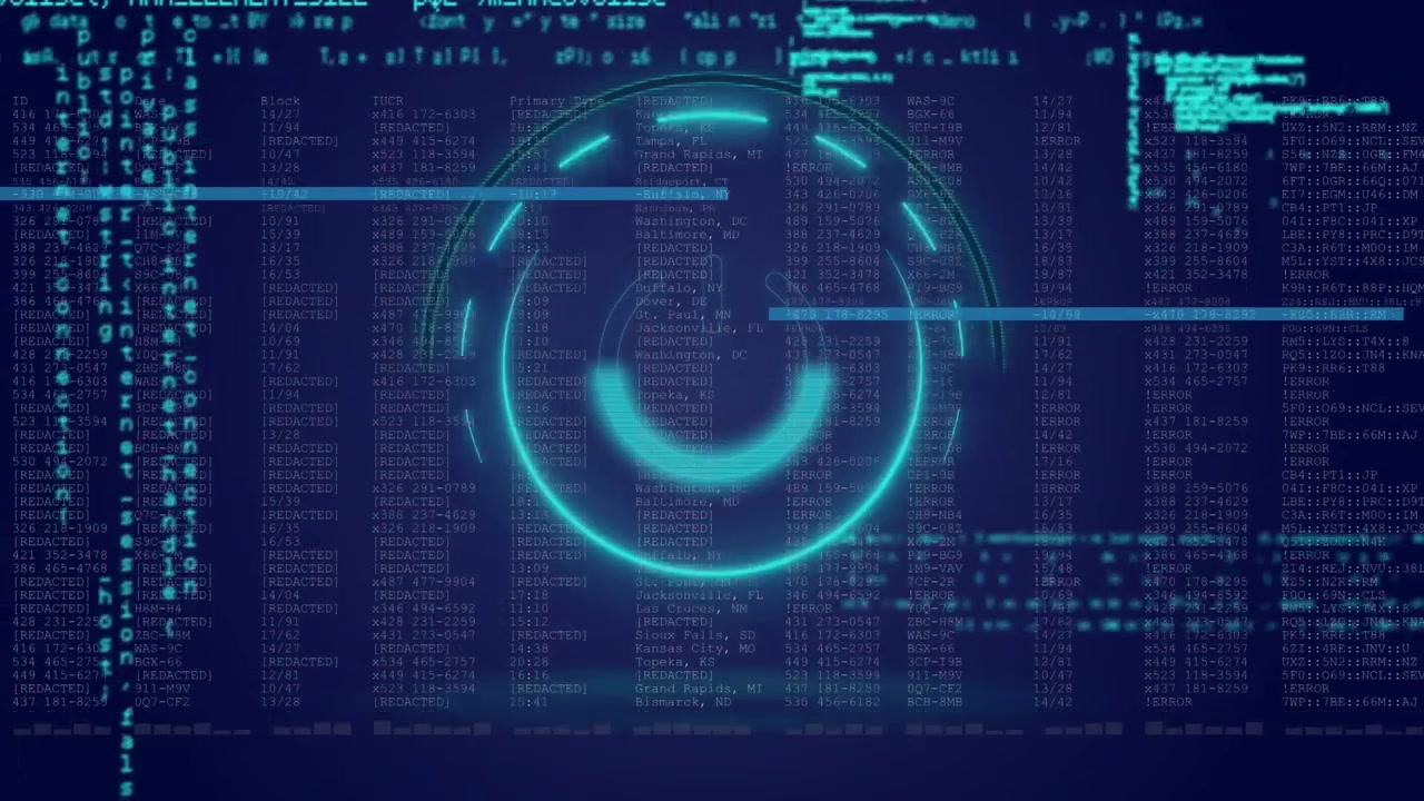 An animation of a neon circle with power over data on a navy background