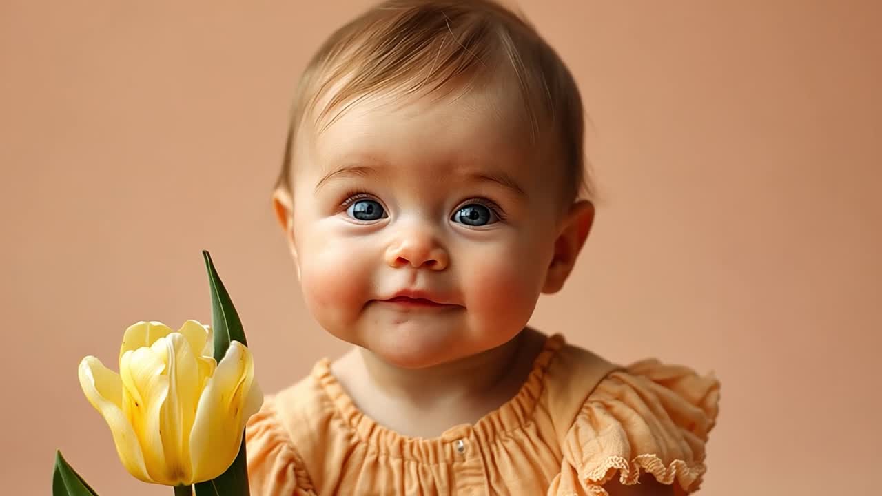 Adorable baby with blue eyes and a yellow tulip