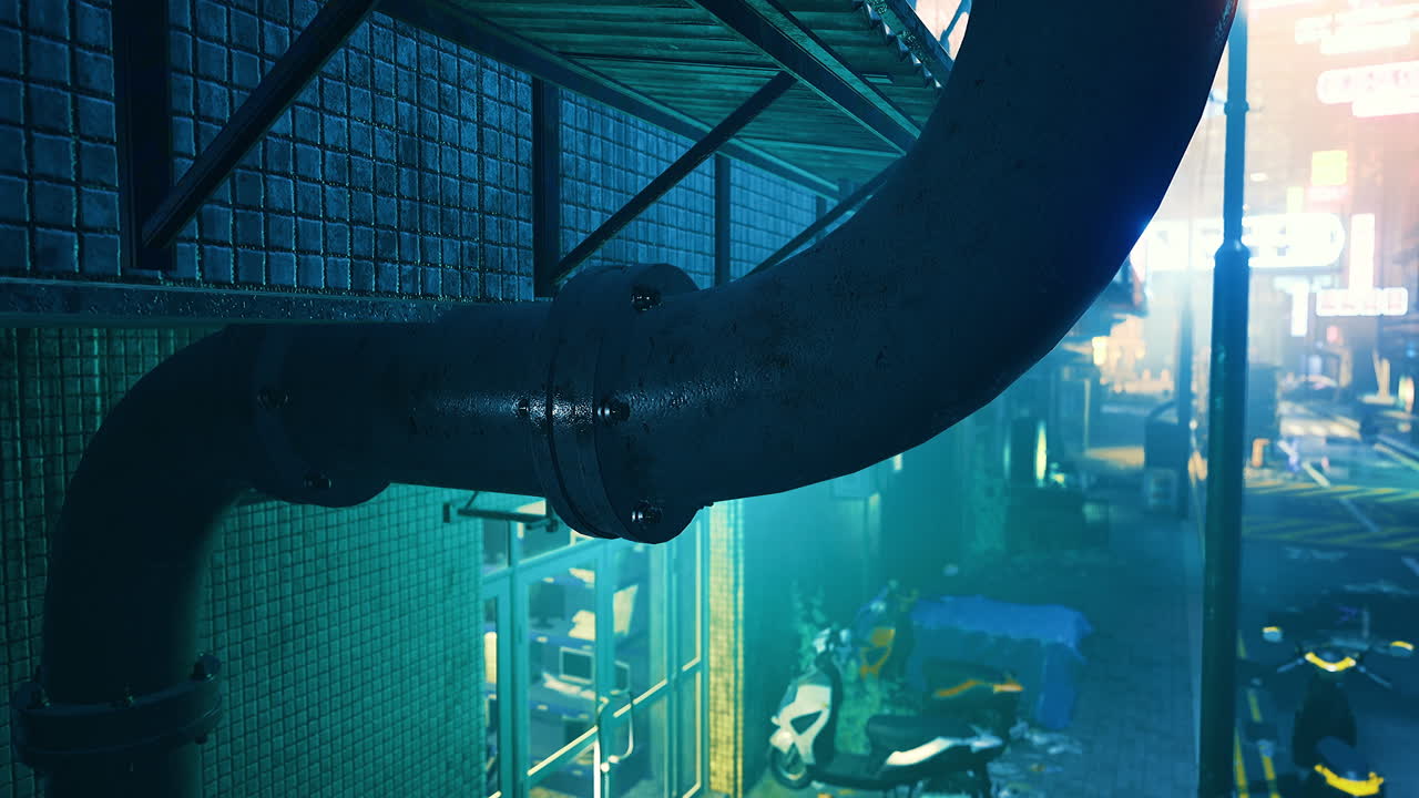 Pipe and alleyway in a neon city environment at night