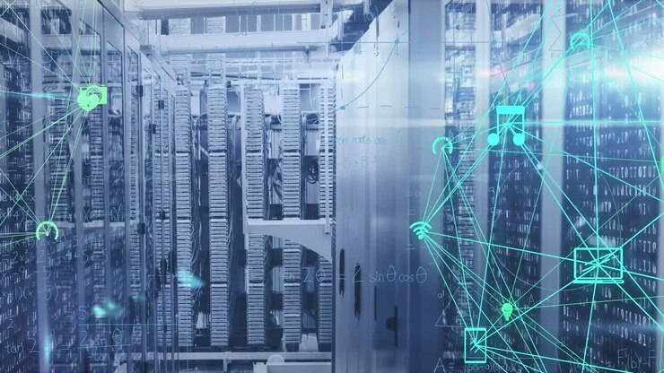 Animation of connected icons forming globes with mathematical equations on data server racks