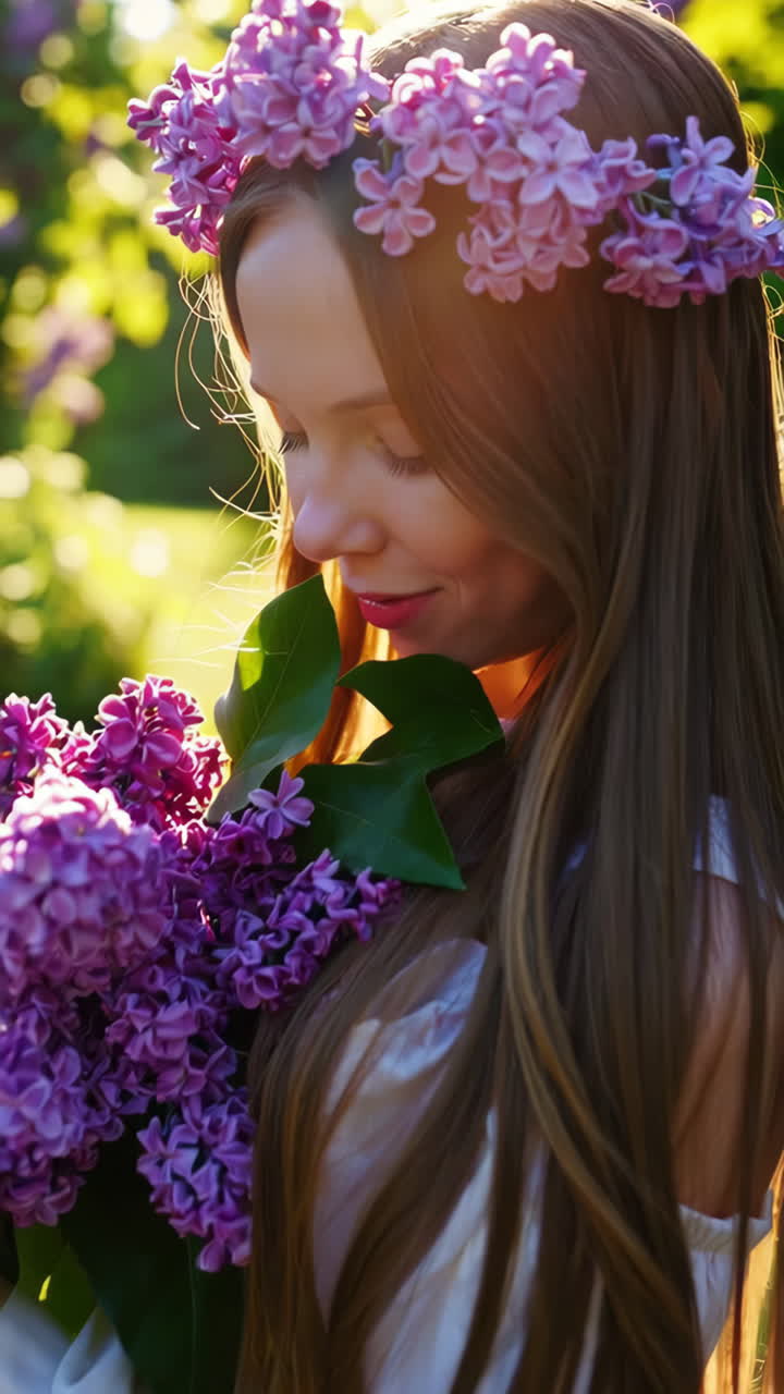 Young girl with long hair holding a bouquet of purple lilacs and wearing a lilac crown