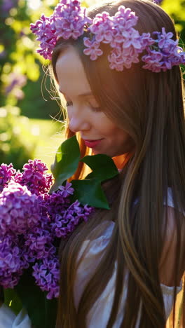 young girl with long hair holding a bouquet of purple lilacs and wearing a lilac crown
