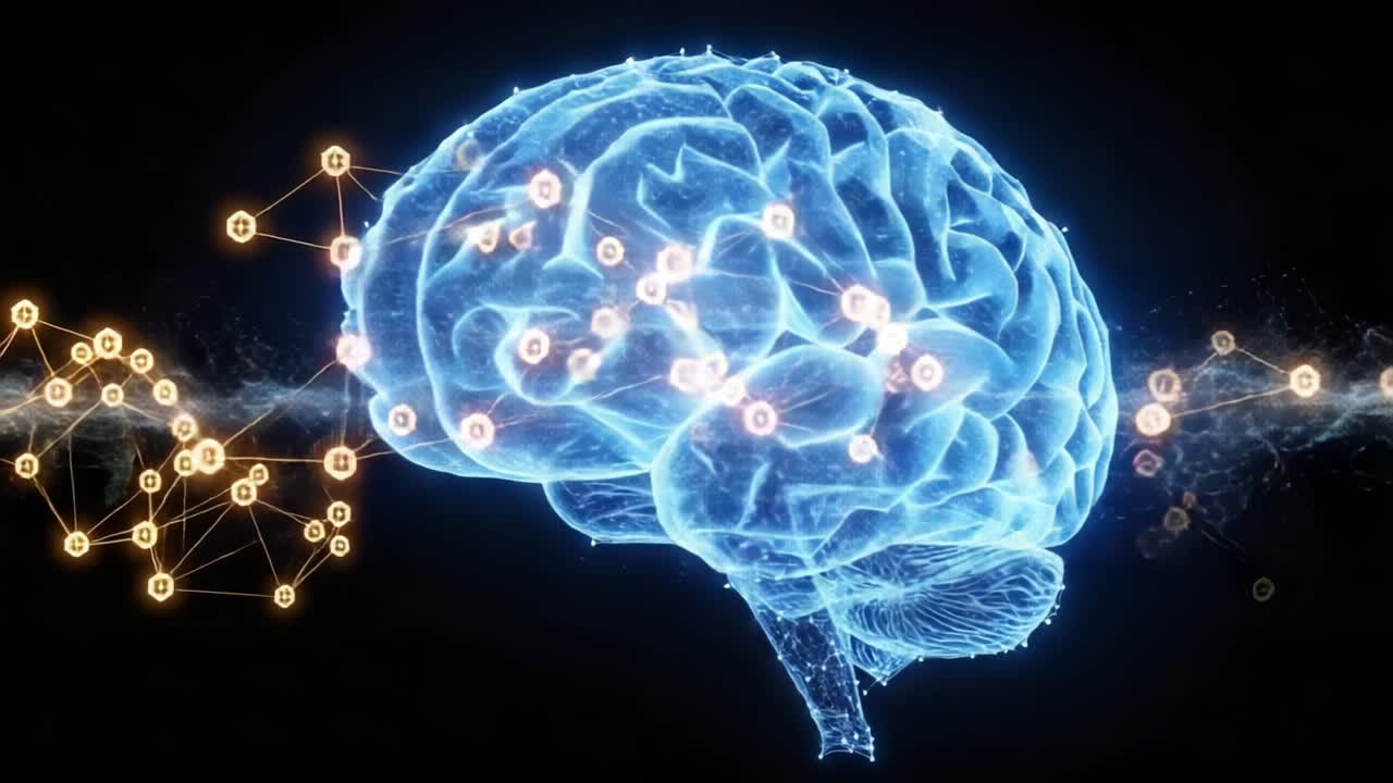 A Stunning Visualization of a Brain Interconnected with Digital Networks, Representing the Fusion of Human Intelligence and Advanced Technology in Modern Society