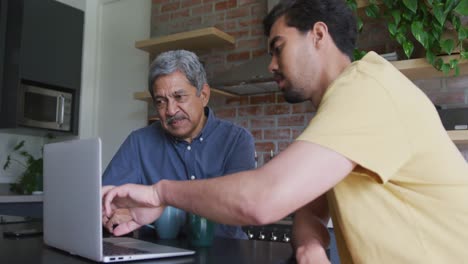 Young-biracial-man-teaching-father-while-pointing-at-laptop