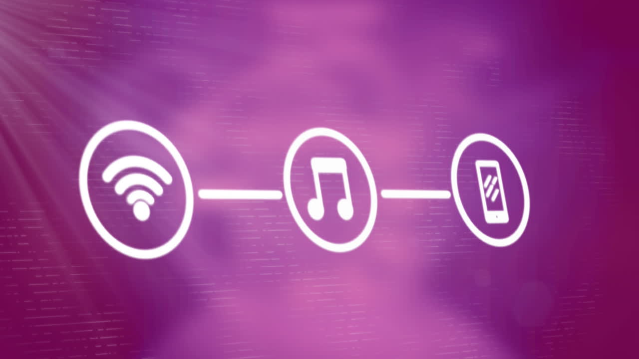 Animazione di icone multimediali su sfondo rosa