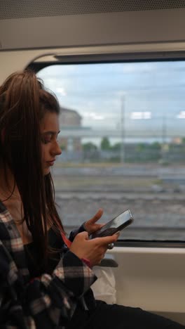 mujer usando teléfono inteligente en el tren