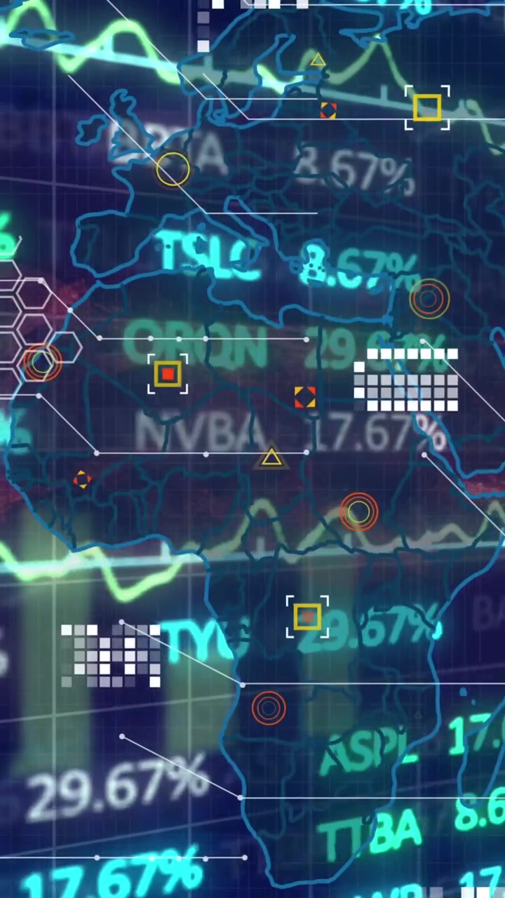 Animation of financial data processing over dark background