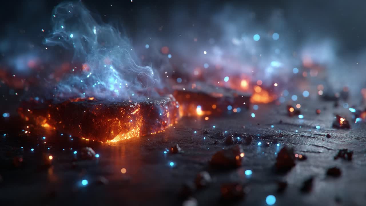 A breathtaking scene capturing the mesmerizing glow of molten lava embedded within a cosmic landscape filled with swirling smoke and vibrant particles, illustrating the power of nature