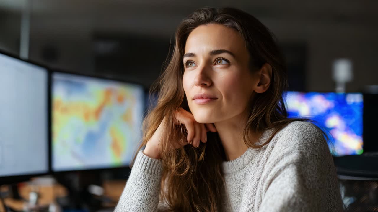 A Contemplative Moment: A Woman with Long Hair in a Cozy Sweater Sits Thoughtfully at a Desk Surrounded by Multiple Computer Monitors Displaying Data Visualizations and Maps
