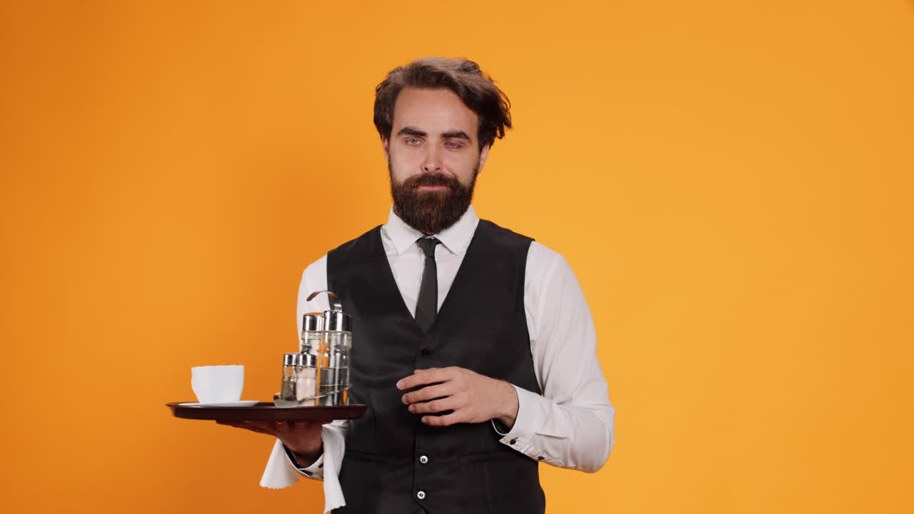 el mayordomo del restaurante actúa sorprendido.