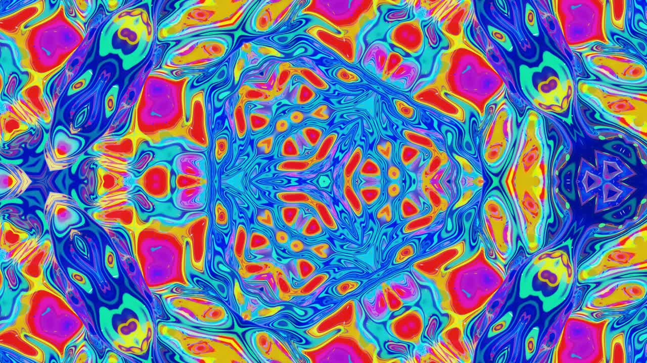 Liquid iridescent symmetrical pattern like kaleidoscope with waves. 3D stylish looped abstract bg, wavy structure of brilliant liquid glass with beautiful gradient colors. 4k