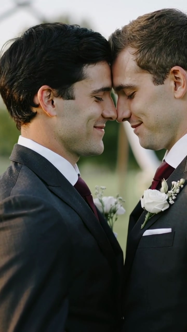 Vertical video: Smiling grooms in suits touching foreheads at wedding, showing boutonniere