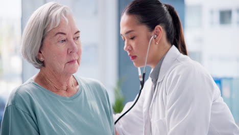 doctor, senior woman and breathe with stethoscope