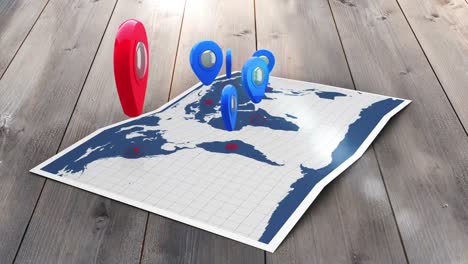 red pointer on a world map surrounded by blue markers with lens flare