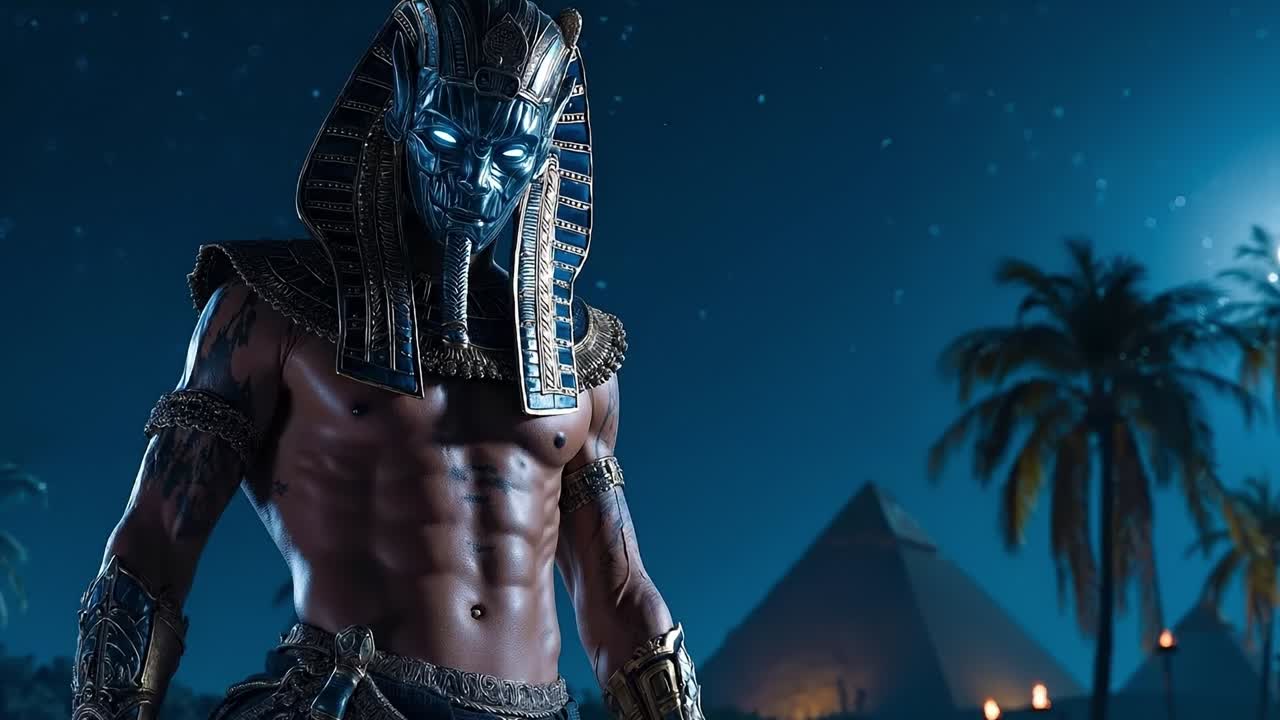 A man in an egyptian costume standing in front of a pyramid at night
