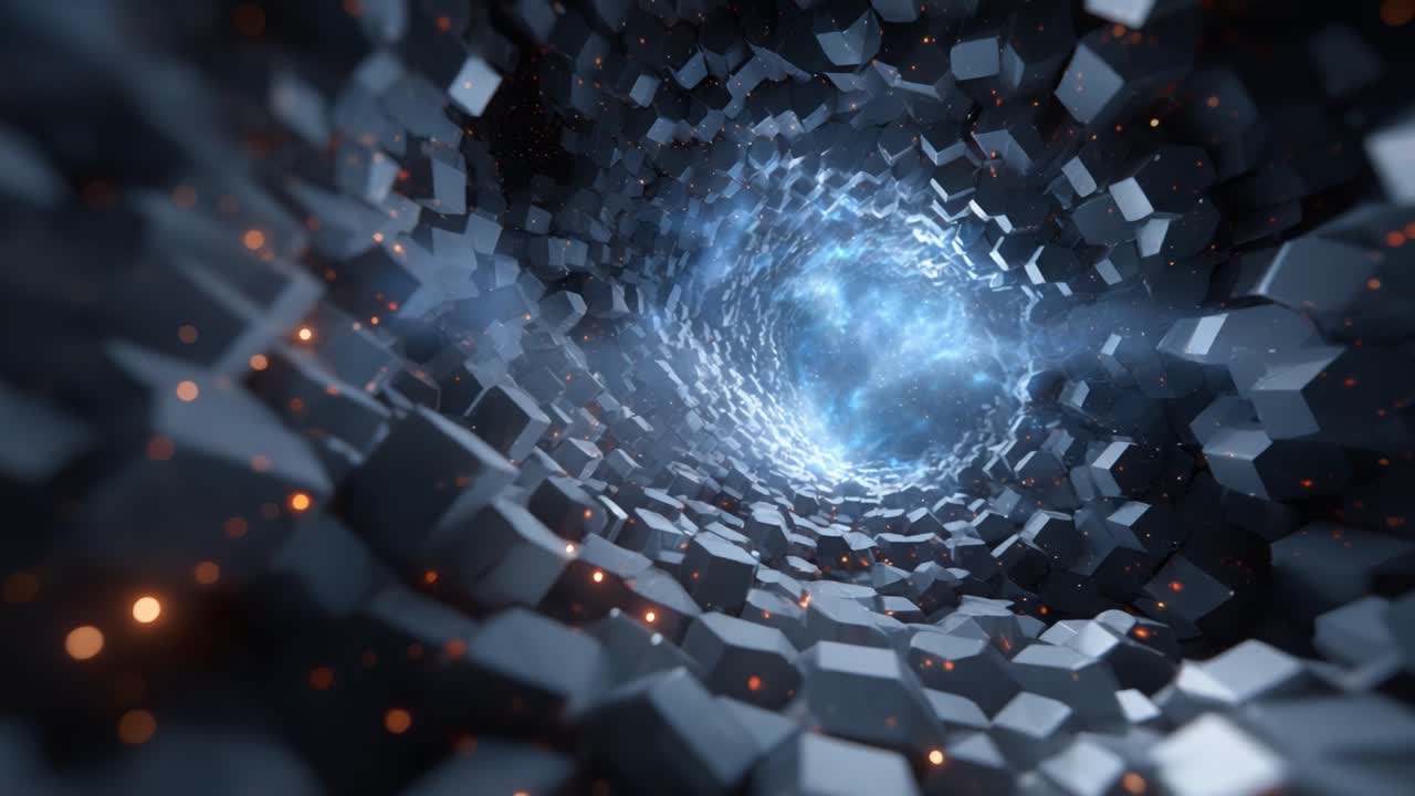A Hypnotic Journey Through a Twisting Tunnel of Cubes and Ethereal Light, Exploring the Fusion of Geometry and Cosmic Energy in an Infinite Loop