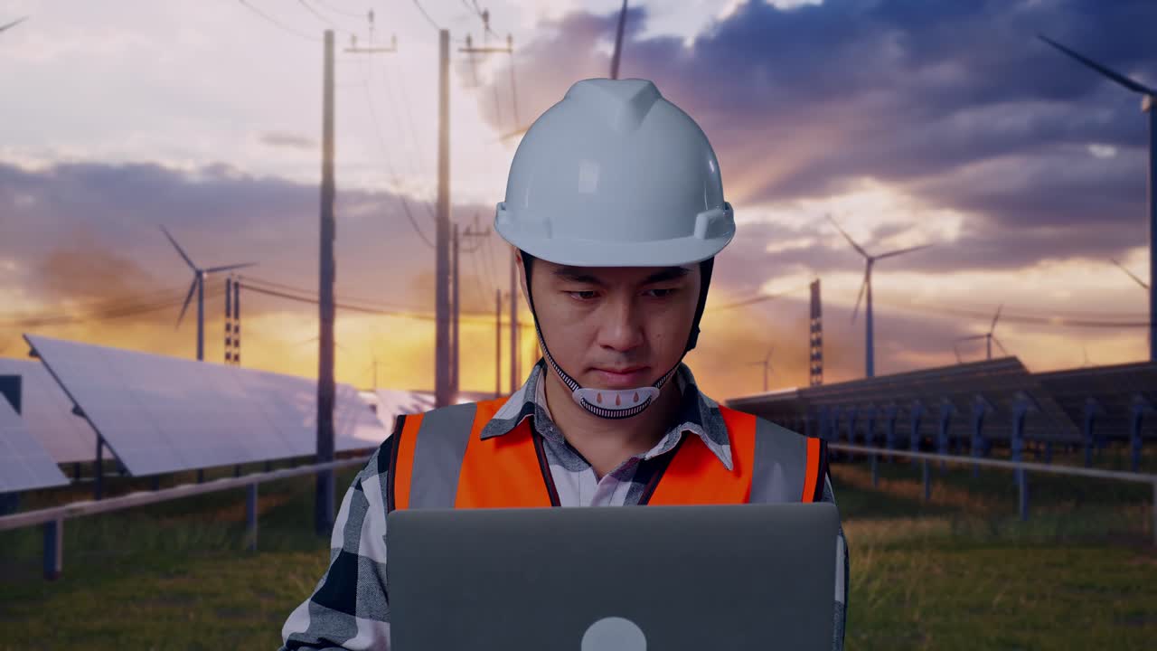 Close Up Of Asian Male Engineer With Safety Helmet Working On A Laptop While Standing With Solar Panel and Wind Turbines