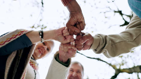 Senior people, fist bump and nature fitness