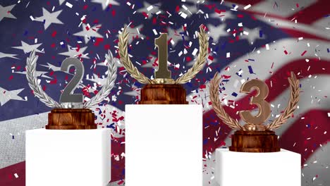 trophies in front of waving american flag