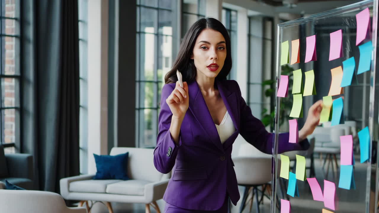 Mulher Profissional Fazendo Brainstorming com Post-its em um Escritório Moderno