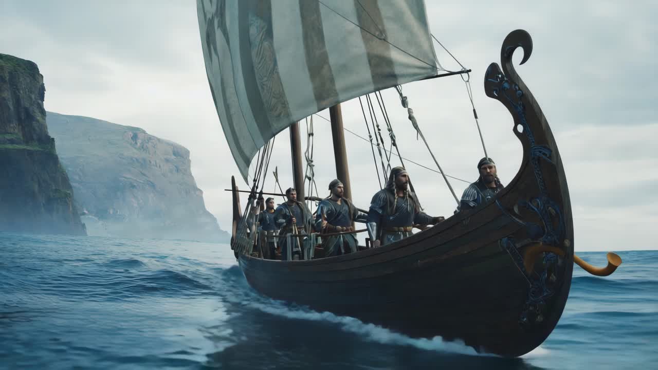 Vikings sailing on a longship in the ocean