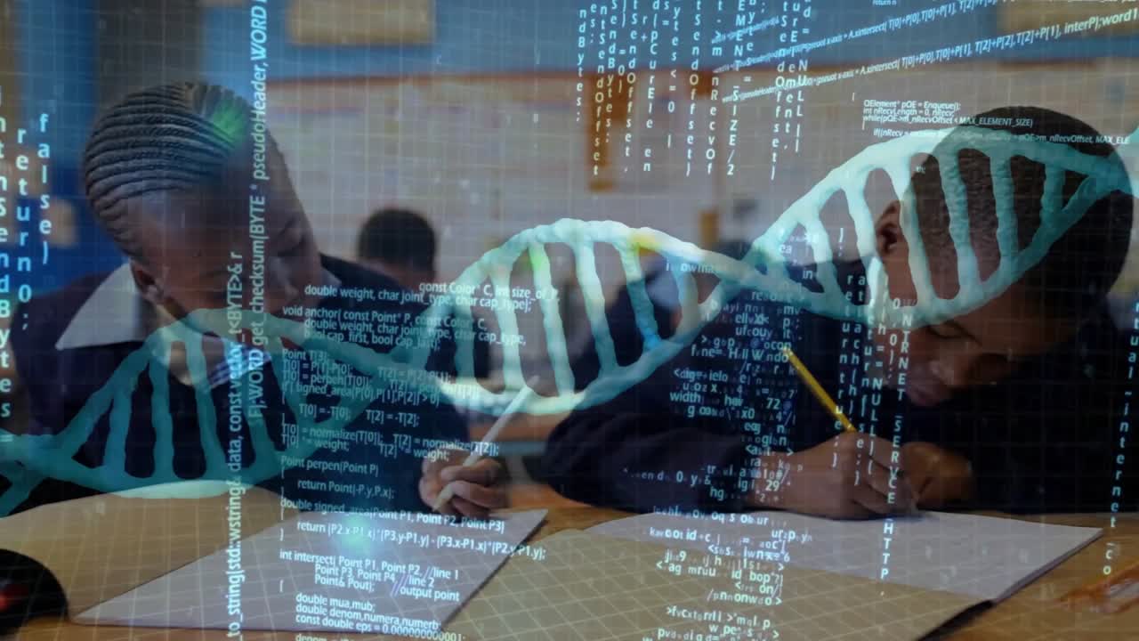 Classmates scanning textbook as DNA helix drifting causing writing activity during science class