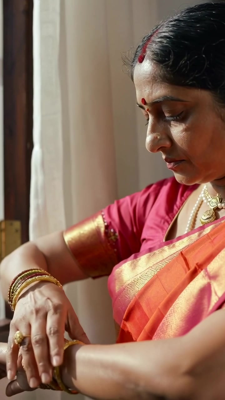 Video verticale: Donna in sari di seta che si sistema alla luce della finestra, affrettandosi a mettere i braccialetti e a sistemare la collana.