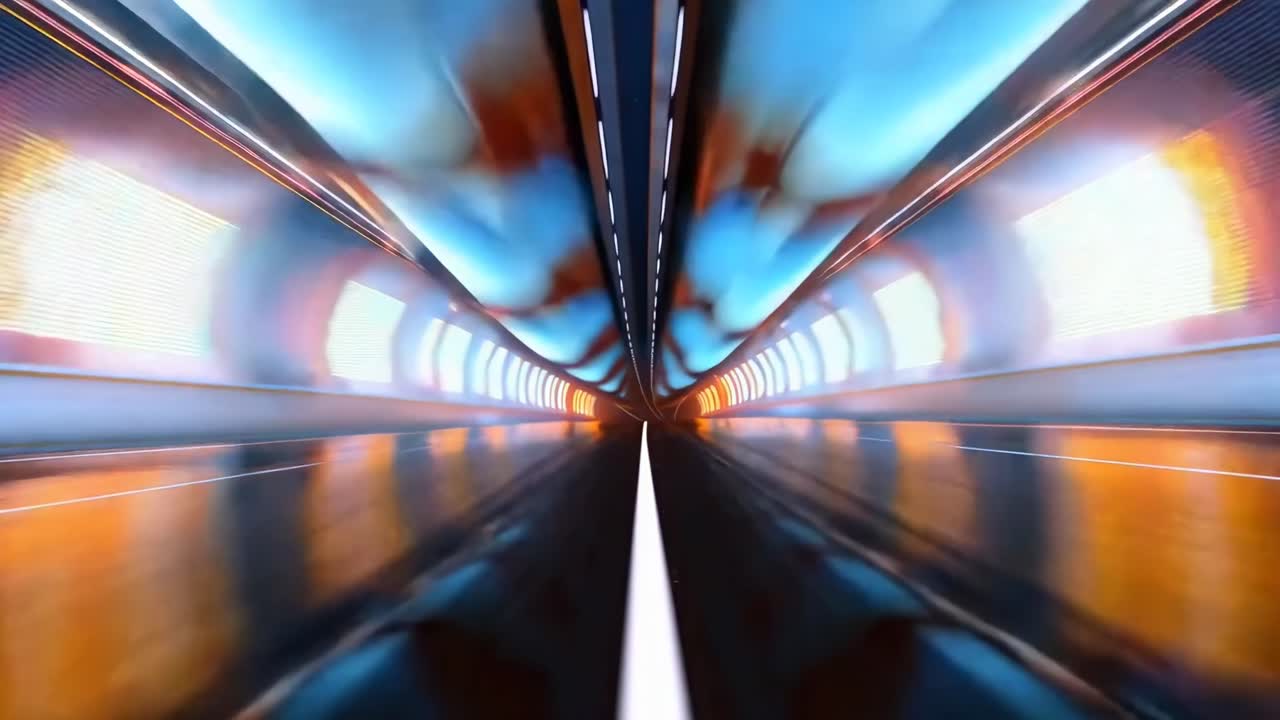 Video dinamico di un tunnel con prospettiva a punto di fuga, caratterizzato da luci blu e arancioni vivaci.