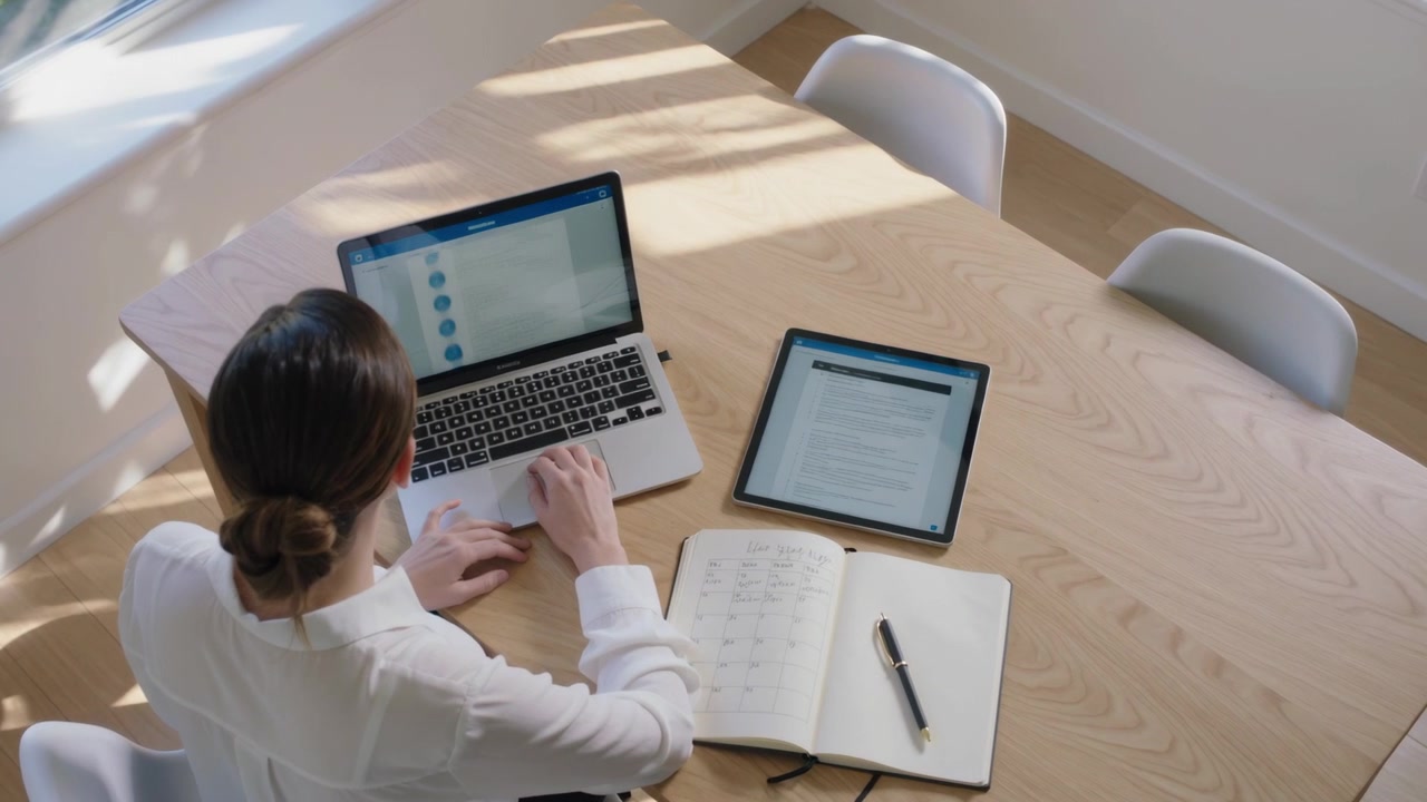Typing woman in white blouse using laptop, tablet and notebook noting at home table, picking pen