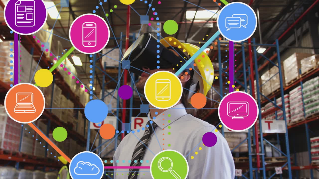 animación de la red de conexiones sobre hombre caucásico que usa auriculares vr, trabajando en un almacén