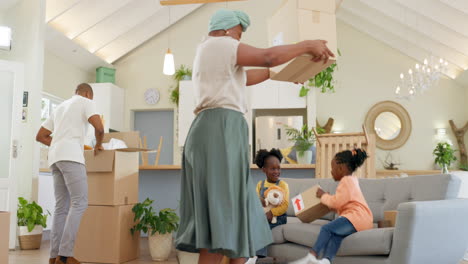 happy, black family and kids with boxes in new