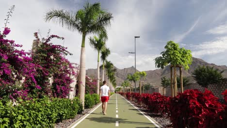 eine person, die auf einem weg geht, der von palmen und blumen an costa adeje, teneriffa, umgeben ist