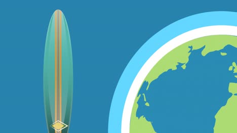 animation of globe and surfboard over blue background