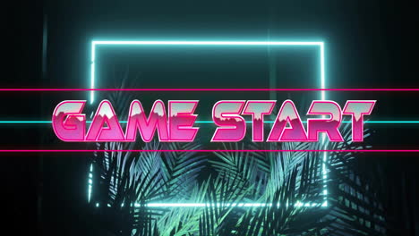 glowing animation of game start text over tropical palm leaves and shapes