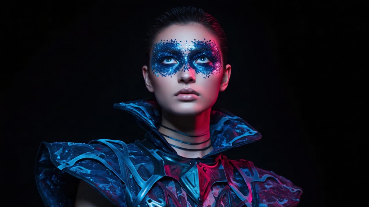 A Stunning Portrait of a Model with Sparkling Blue Face Paint and Intricate Armor-Like Outfit, Capturing a Fusion of Fashion and Artistry in a Dark, Ethereal Setting