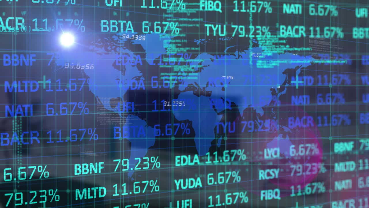Animation of financial data processing over world map