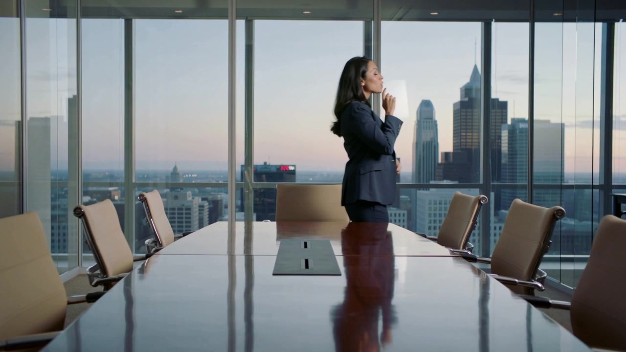 Walking woman from center table, adjusting navy suit, touching chin, gazing at skyline via windows